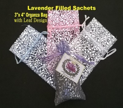 Lavender Sachets in Organza Bags with Leaf Design, 3"x 4", 6 Pack, ($1.50 Ea)