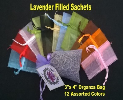 Lavender Sachets, in Organza Bags, 3"x 4", 12 Asst. Colors, 12 Pack. (.90 Ea)