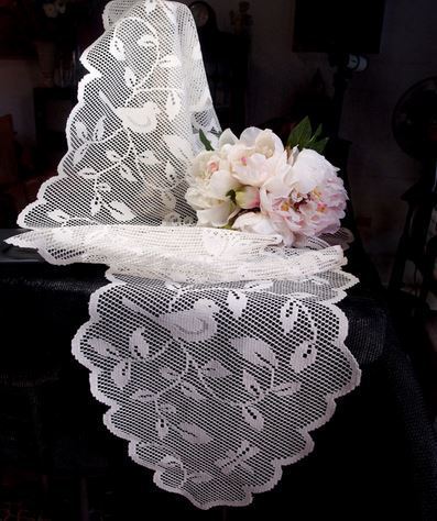 White Lace Table Runner with Bird Design, 13&quot;x 96&quot;, Priced Each