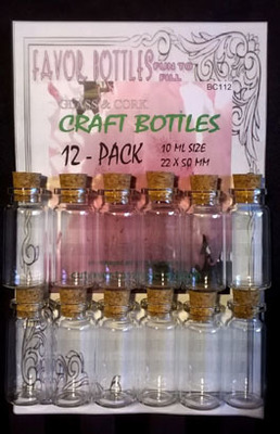10ml Glass Bottles with Cork, 12 Bottles on a card, Sold Per Card