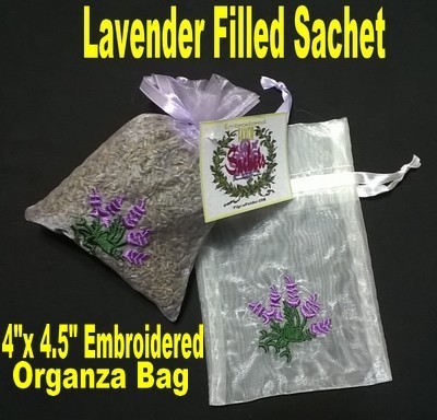 Embroidered Organza Bags filled with Lavender Buds, 4&quot;x 4 1/2&quot;, 6 pack, ($1.50 Ea)