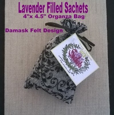 Lavender Bud Sachets in a Damask Design Orgnaza Bag, 4"x4 1/2", 6 Pk, ($1.50 Ea)