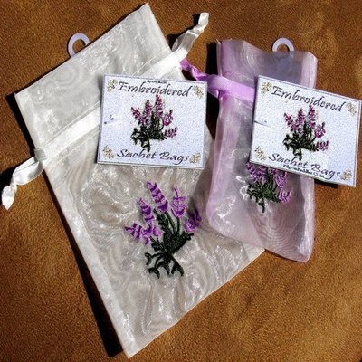 Embroidered Organza Bags with Lavender Design, 4"x 6", 6 Pack