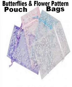 Organza Bags, 1 3/4"x2" with Butterflies & Flower Pattern Pouches With Glitters, 4 Colors, 12 Pk