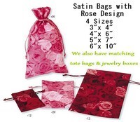 Satin Favor Bags With Rose Design, 5"x 7", 6 Pk