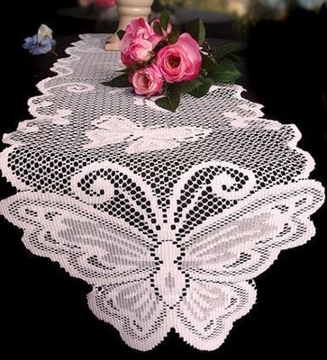 White Lace Table Runner with Butterfly Design, 13"x 96", Price Each