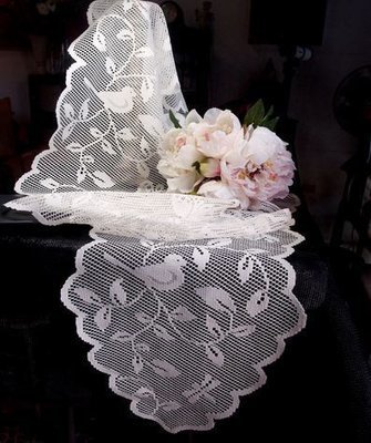 White Lace Table Runner with Bird Design, 13"x 96", Priced Each