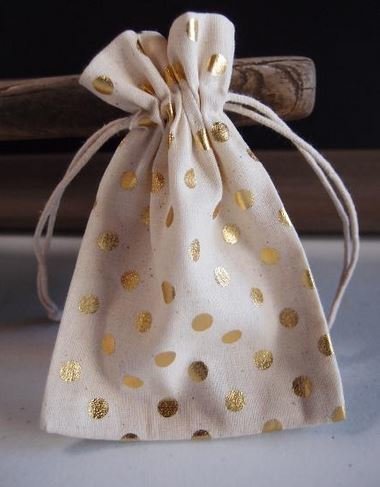 Cotton Gift Favor Bags With Metallic Foil Gold Dots, 3 1/2"x 5", 6 Bags Per Pack
