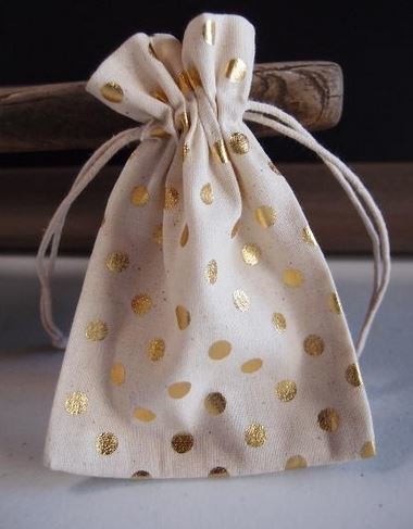 Cotton Gift Favor Bags With Metallic Foil  Gold Dots, 3 1/2"x 5", 6 Bags Per  Pack