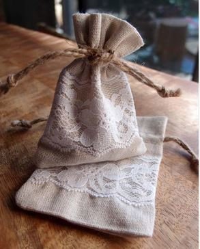 Linen Gift Bags with Lace, 3"x 4", Priced Pr 6 pack