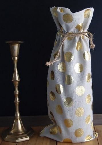 Linen Wine Bags with Gold Polka Dots, 6"x 14"T, Priced Per 3 Pack
