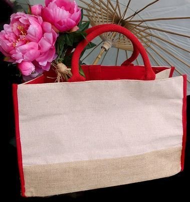 Jute and Cotton Blend Tote Bag with Red Burlap Accents, 17 1/2"x 8 1/2"x 11 1/2"H, Priced Each