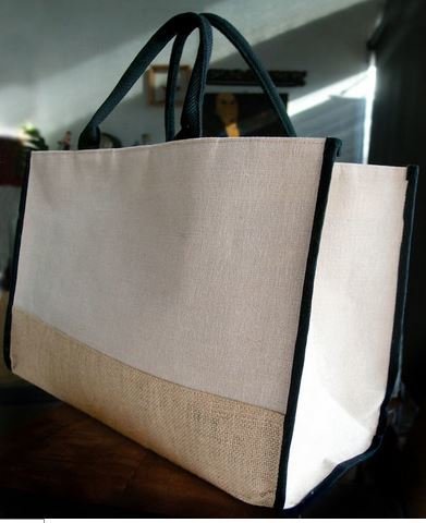 Jute and Cotton Blend Tote Bag with Black Burlap Accents, 17 1/2"x 8 1/2"x 11 1/2"H, Priced Each
