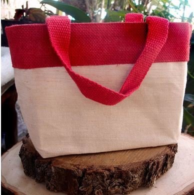 Jute and Cotton Blend Tote Bag with Red Burlap Accents, 11 1/2"W x 7 1/2"H x 4 1/2"D, Priced Each