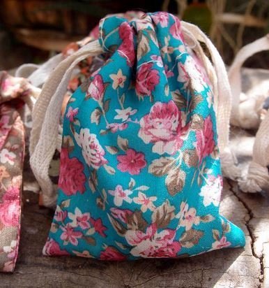 Vintage Floral Print on Light Blue Bag with Cotton Drawstrings, 3"x 4", Priced Per 4 Pack