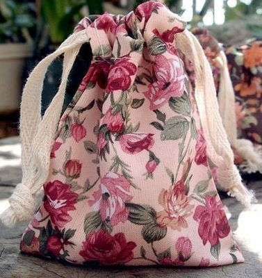 Vintage Floral Print on Ivory Bag with Cotton Drawstrings, 3"x 4", Priced Per 4 pack