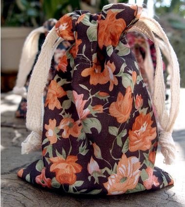 Vintage Floral Print on Black Bag with Cotton Drawstrings, 3"x 4", Priced Per 4 Pack