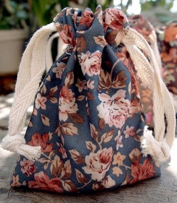 Vintage Floral Print on Blue Bag with Cotton Drawstrings, 3"x 4", Priced Per 4 Pack