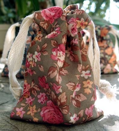 Vintage Floral Print on Brown Bag with Cotton Drawstrings, 3"x 4", Priced Per 4 Pack