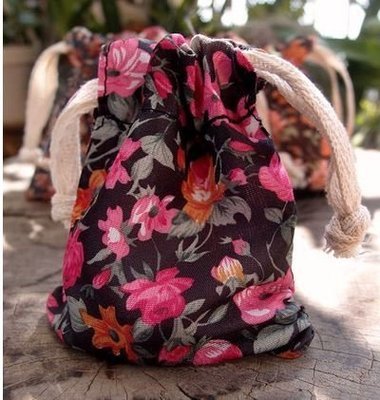 Vintage Floral Print on Black Bag with Cotton Drawstrings, 3"x 4", Priced Per 4 pack