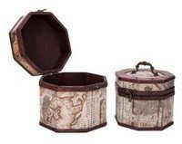 Vintage Style World Map Pattern Wooden Octagon Box , Set of 2, Priced Per Set