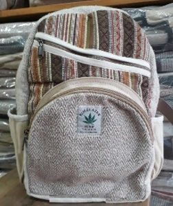 BackPack, Nautral Hemp with Colored Cotton Design and Front Zipper Pouches, 9"x 13", Priced Each