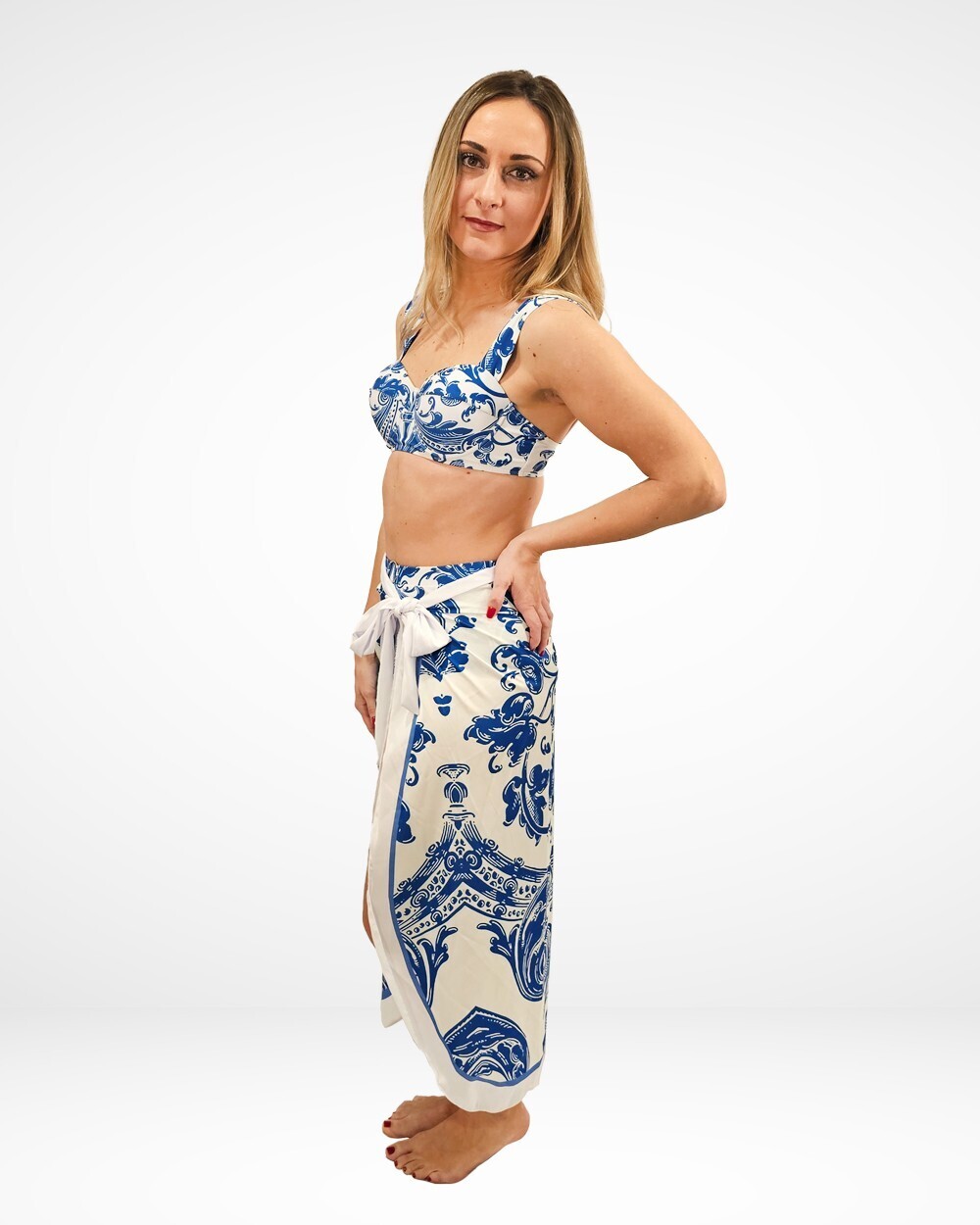Grecian Print Two-Piece Swimsuit With Matching Sarong