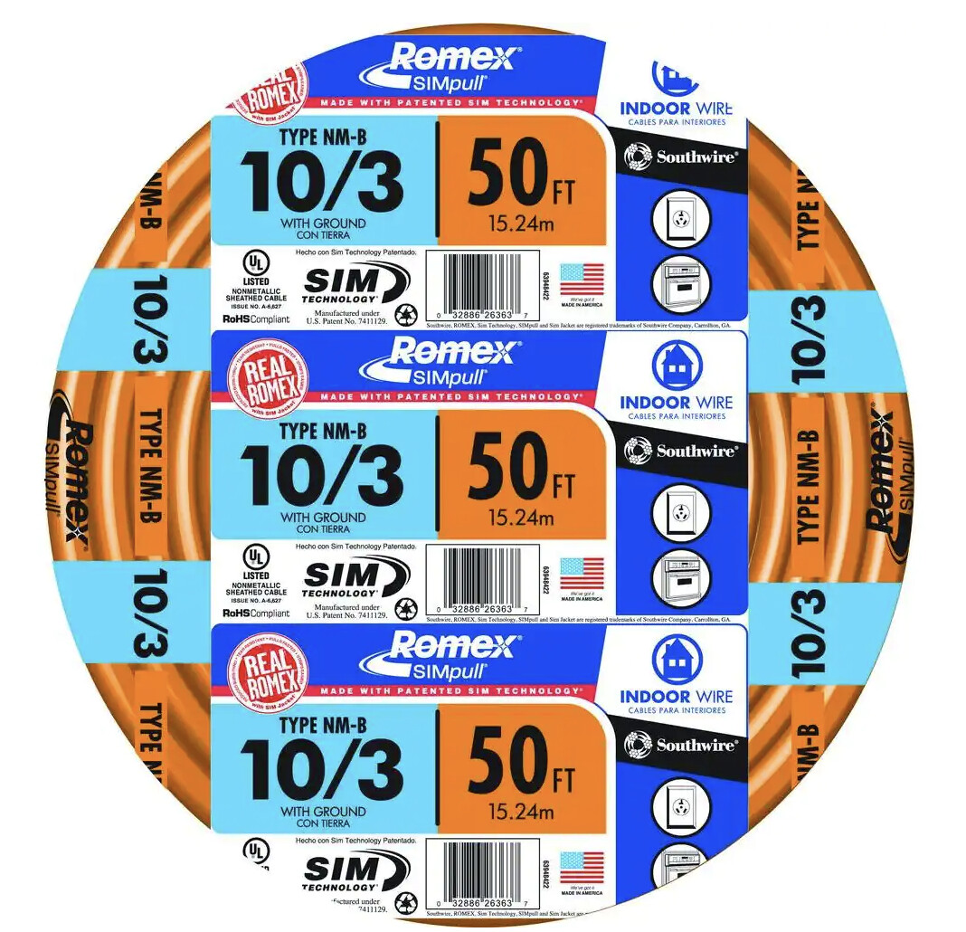 50 FT 10/3 Solid Romex SIMpull CU NM-B Wire