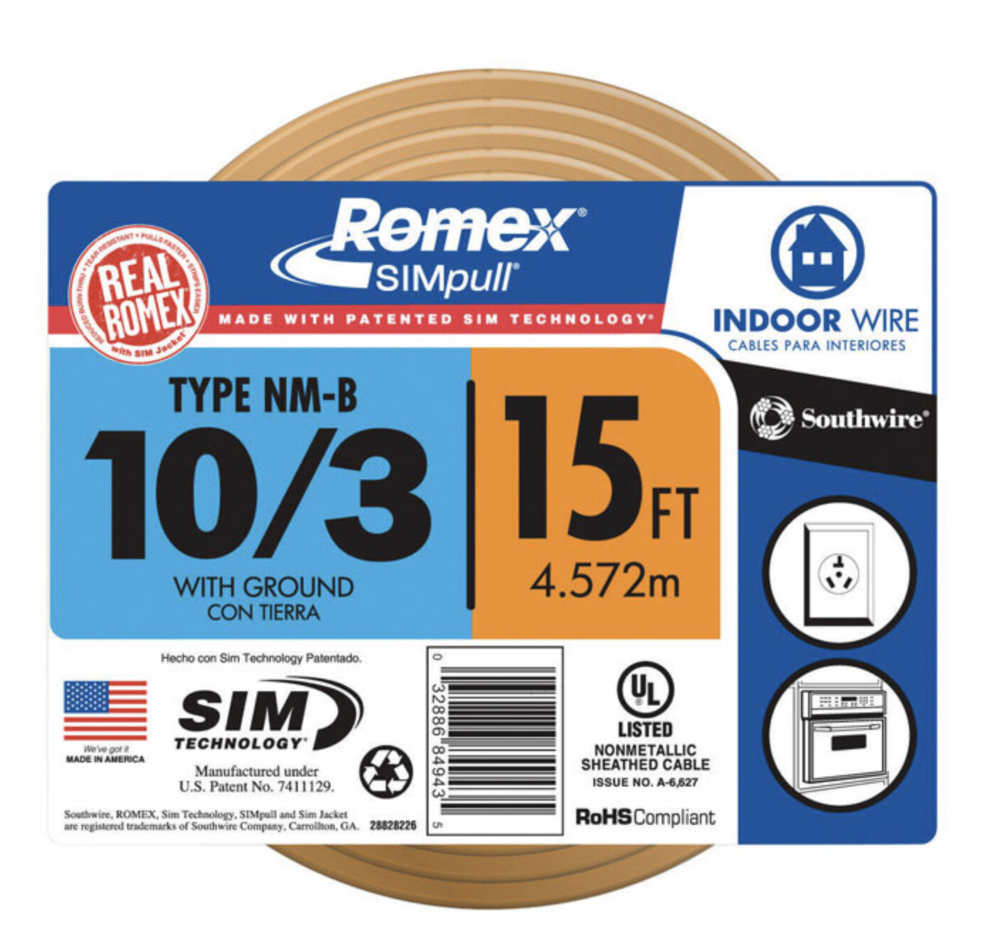 15 FT 10/3 Solid Romex Type NM-B WG Non-Metallic Orange
