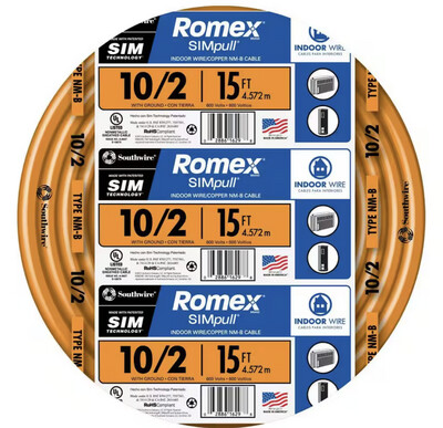 15 FT 10/2 Solid Romex SIMpull CU NM-B  Wire