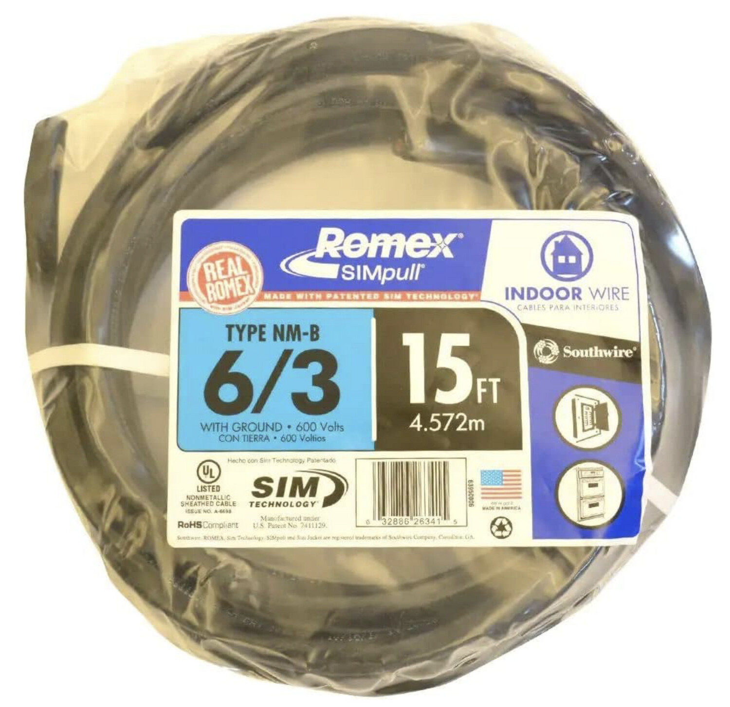 15 FT 6/3 Black Stranded Romex SIMpull CU NM-B Wire