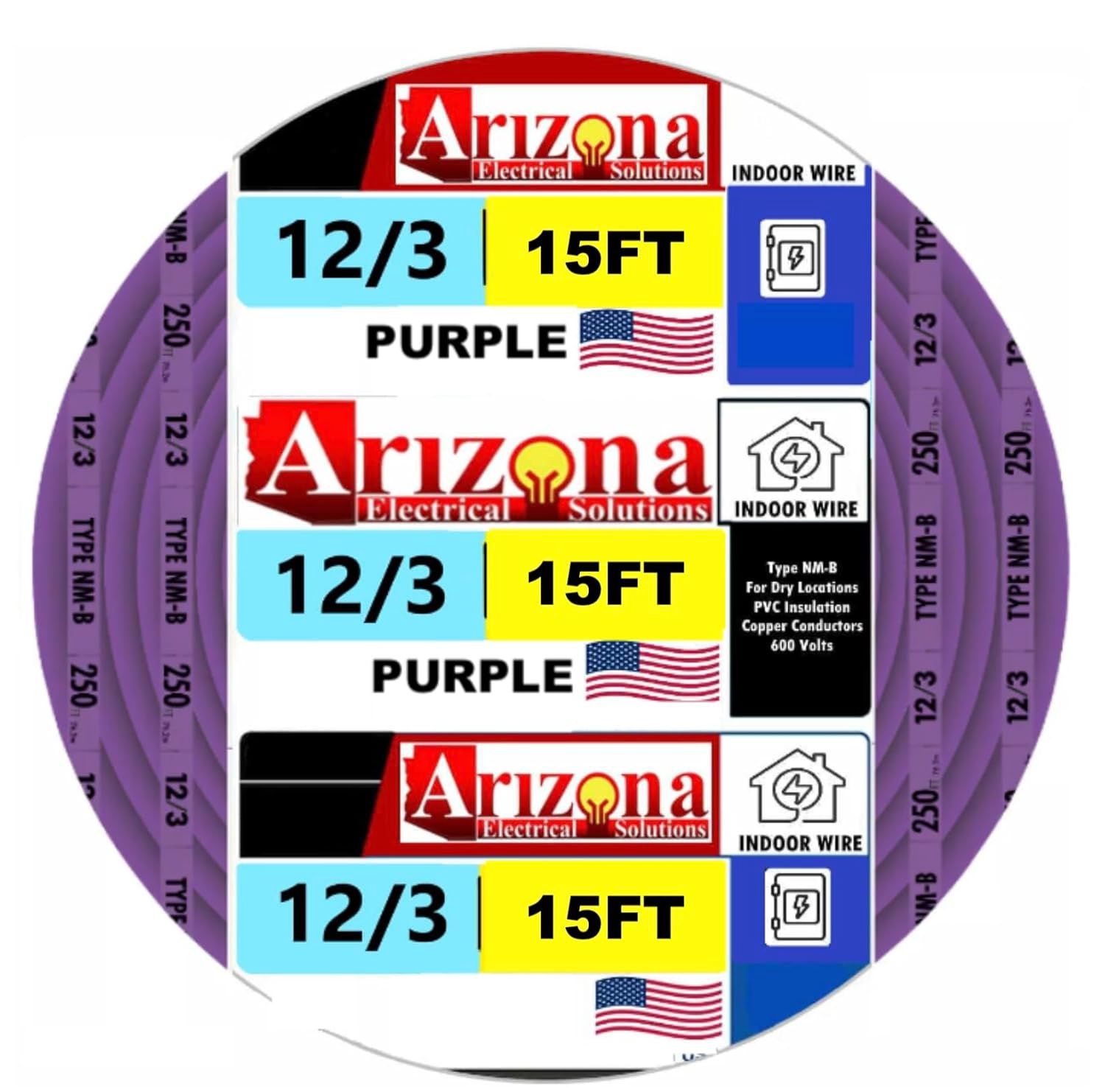 12/3 NM-B, (15 Feet), Copper, Purple Jacket, 3 Conductors with Ground