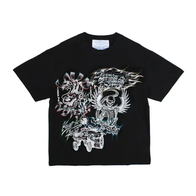 JUNGLES FLAMES N STUFF RHINESTONE TEE BLA S