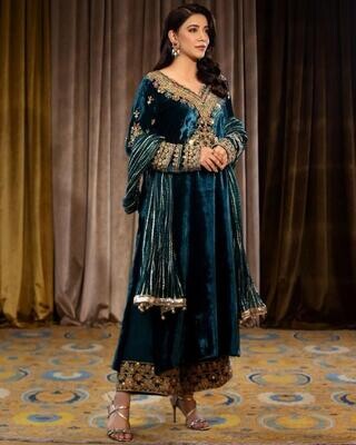 Head y embroidery teal blue Kurti plazzo set