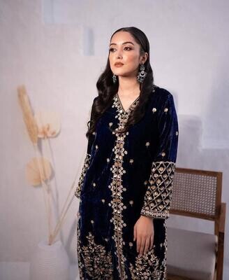 Velvet navy blue heavy embroidery Kurti-plazzo