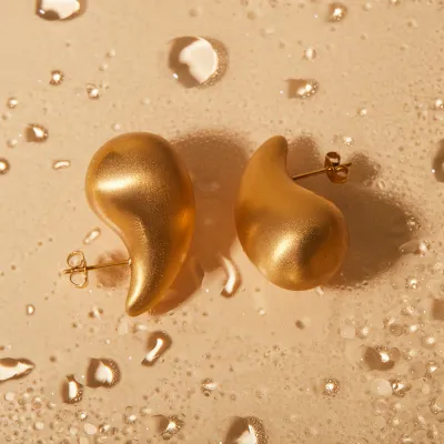 Brushed Stainless Steel Water Drop Earrings 18K Gold Plated for Women