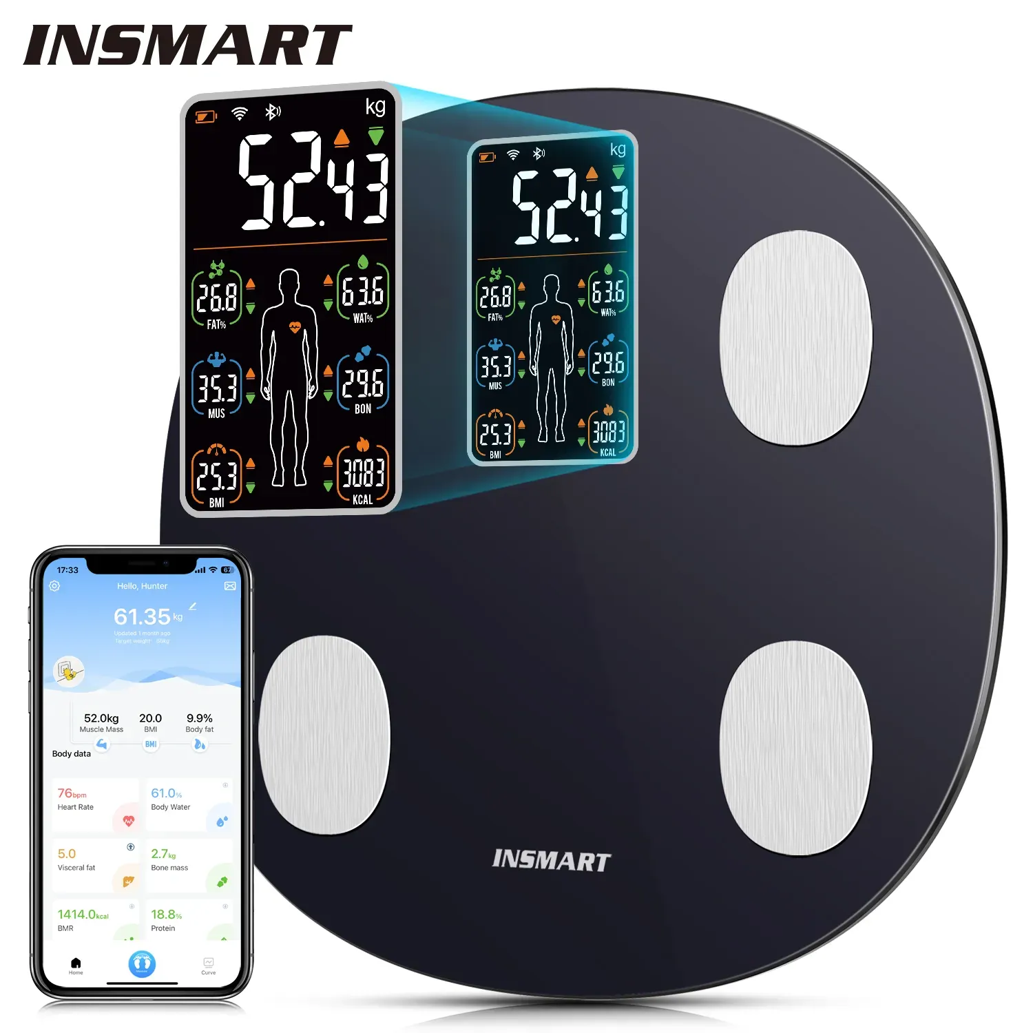 Báscula de peso corporal INSMART, báscula de baño Digital inteligente para humanos, báscula de bioimpedancia profesional de grasa corporal IMC de 180KG