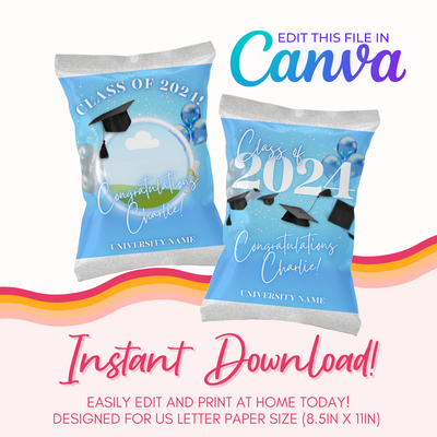 Graduation Chip Bag Canva Template: Baby Blue &amp; Silver