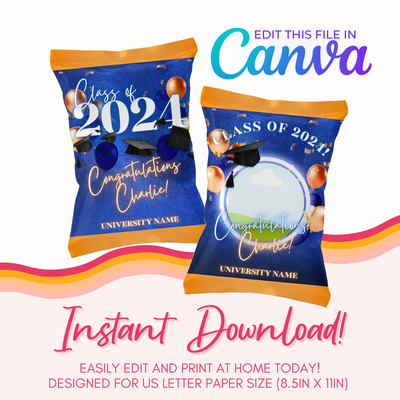 Graduation Chip Bag Canva Template: Blue &amp; Orange