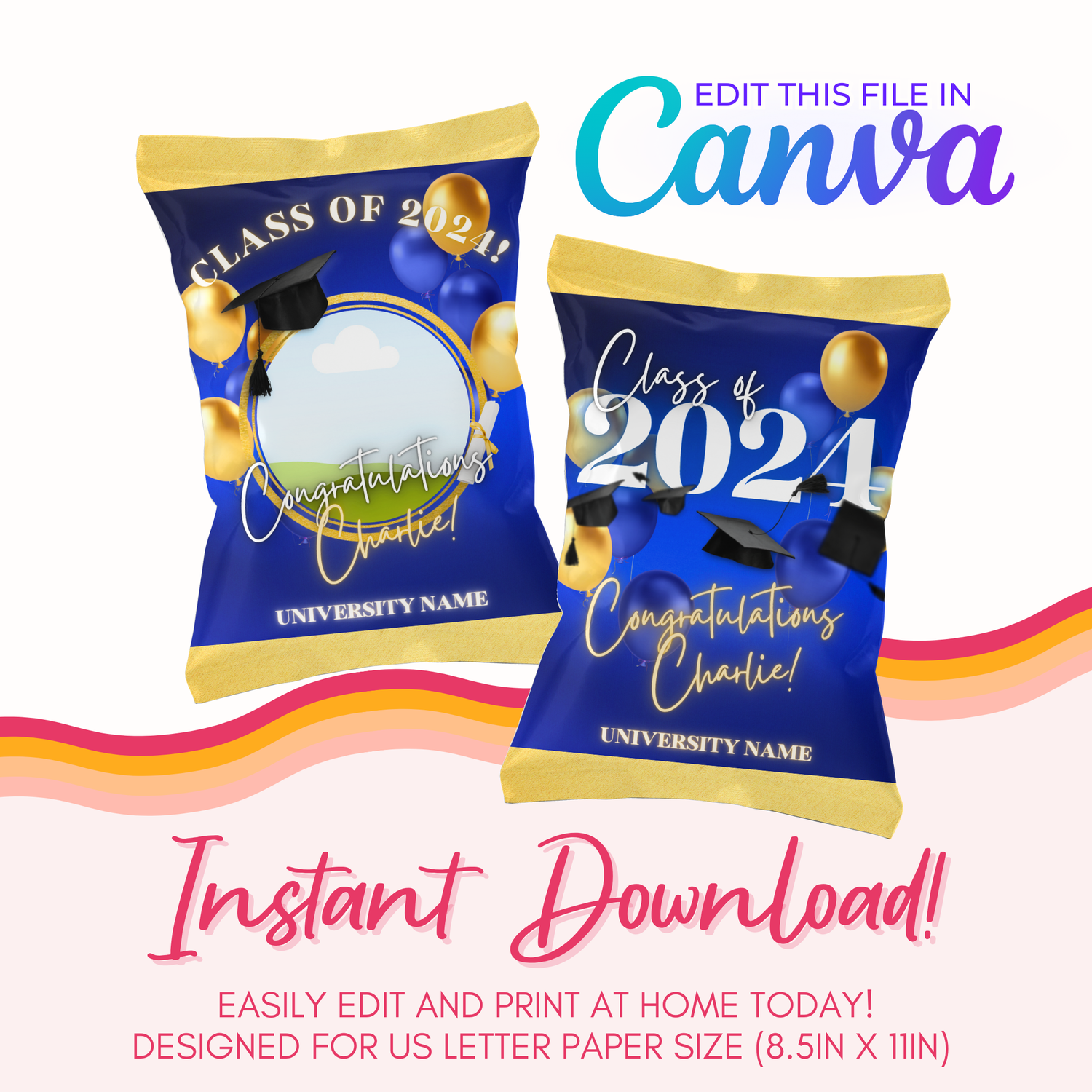 Graduation Chip Bag Canva Template: Blue &amp; Gold