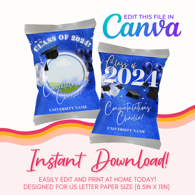Graduation Chip Bag Canva Template: Blue &amp; Silver