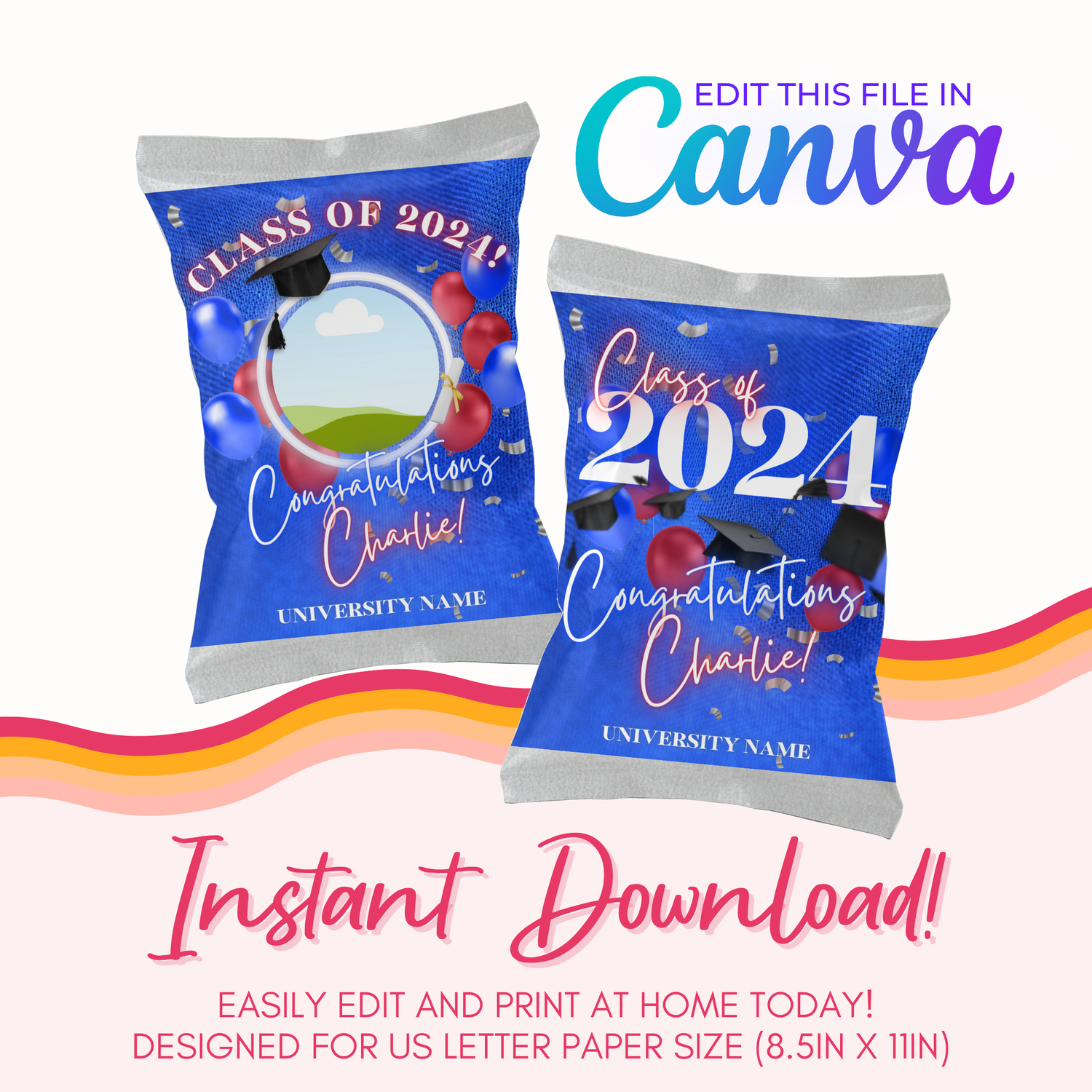 Graduation Chip Bag Canva Template: Blue, Red &amp; Silver