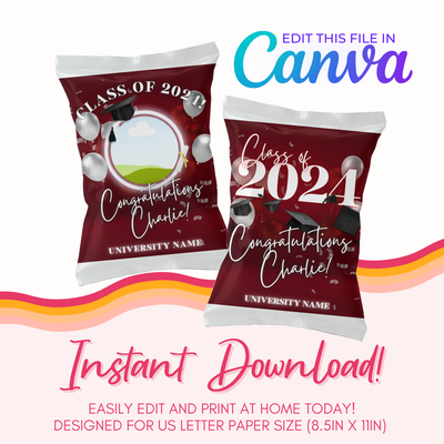 Graduation Chip Bag Canva Template: Burgundy &amp; Silver