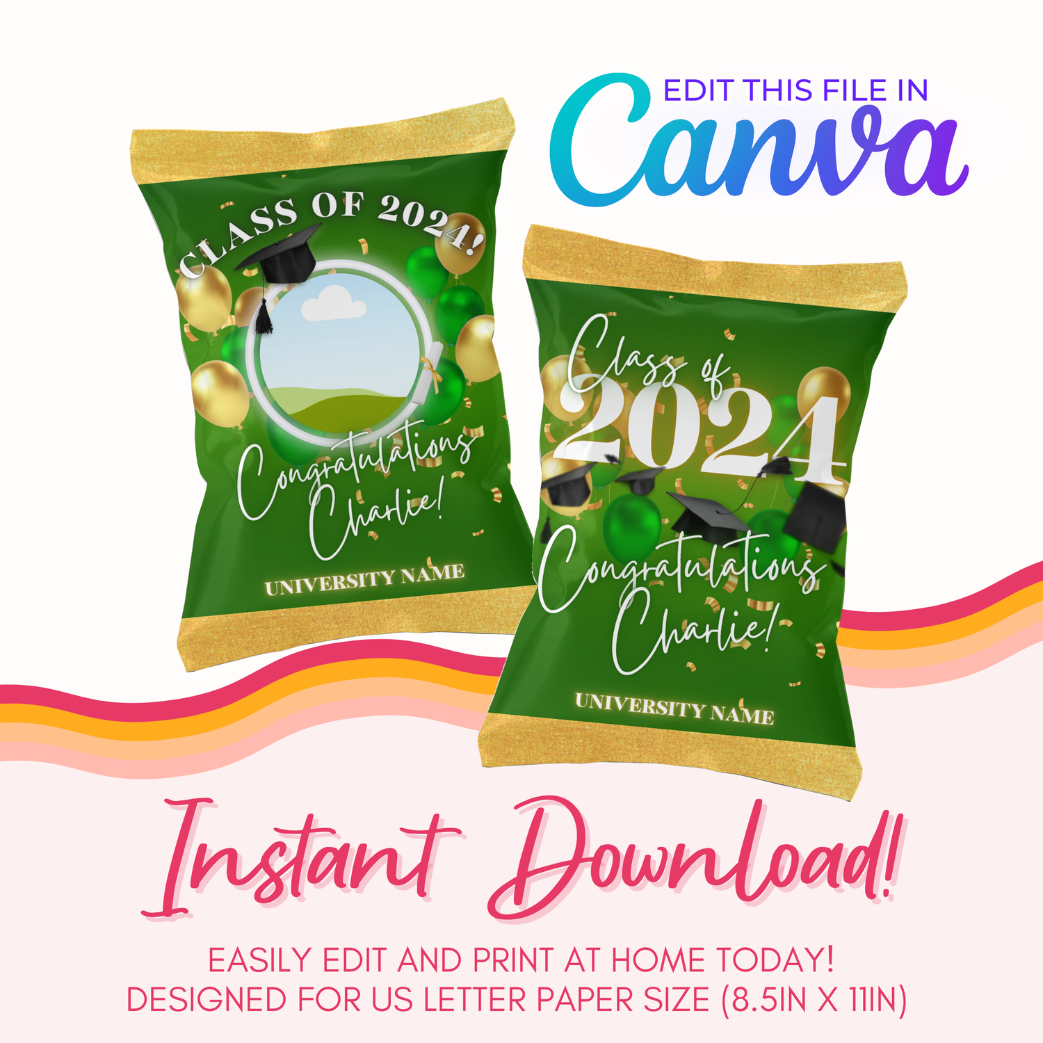 Graduation Chip Bag Canva Template: Green and Gold
