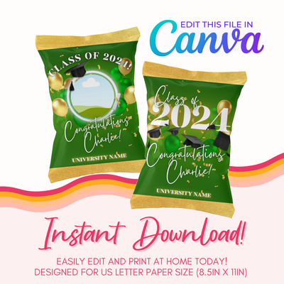 Graduation Chip Bag Canva Template: Green and Gold