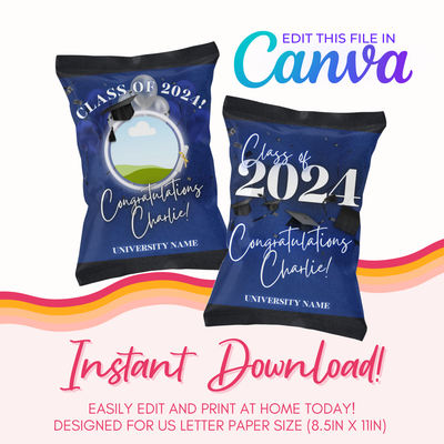 Graduation Chip Bag Canva Template: Dark Blue &amp; Black