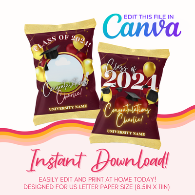 Graduation Chip Bag Canva Template: Burgundy &amp; Gold