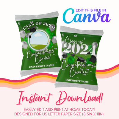 Graduation Chip Bag Canva Template: Green and Silver
