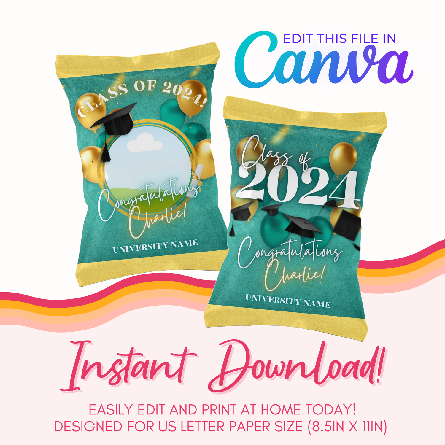 Graduation Chip Bag Canva Template: Cyan and Gold