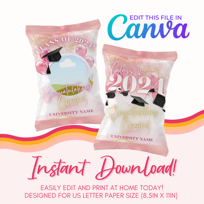 Graduation Chip Bag Canva Template: Light Pink